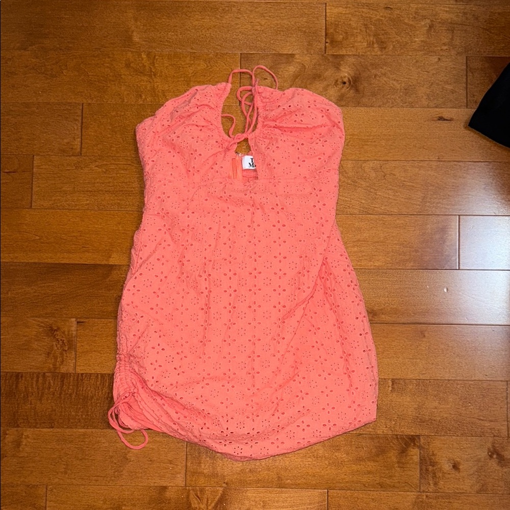 Coral Eyelet Halter Mini Dress